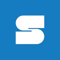 a white logo with the letter s on a blue background